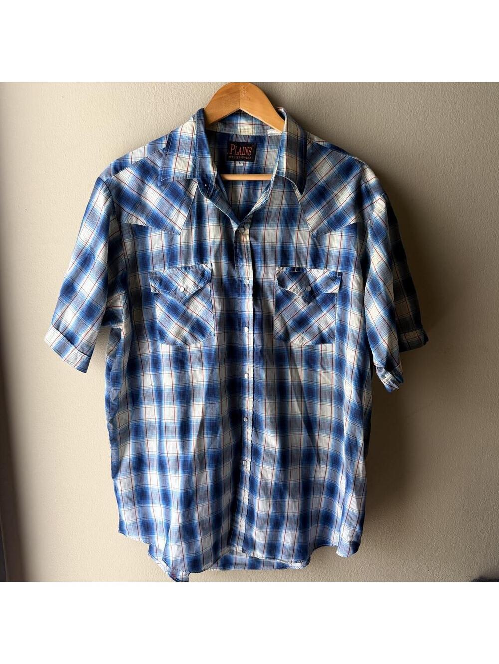 Vintage 90s Plains Western Wear Blue Plaid Pearl Snap Shirt L
